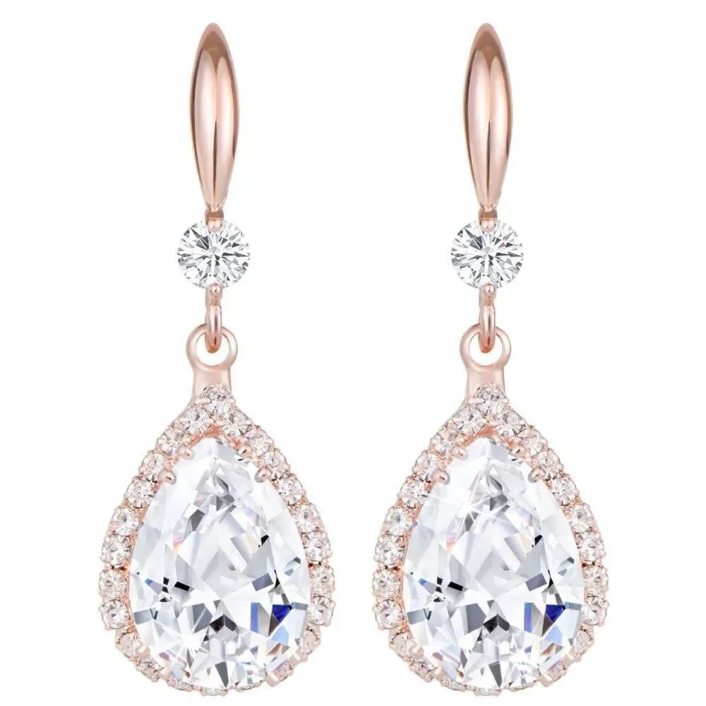 14K Rose Gold with White Diamond Cubic Zirconia Teardrop Hook Dangling Earrings